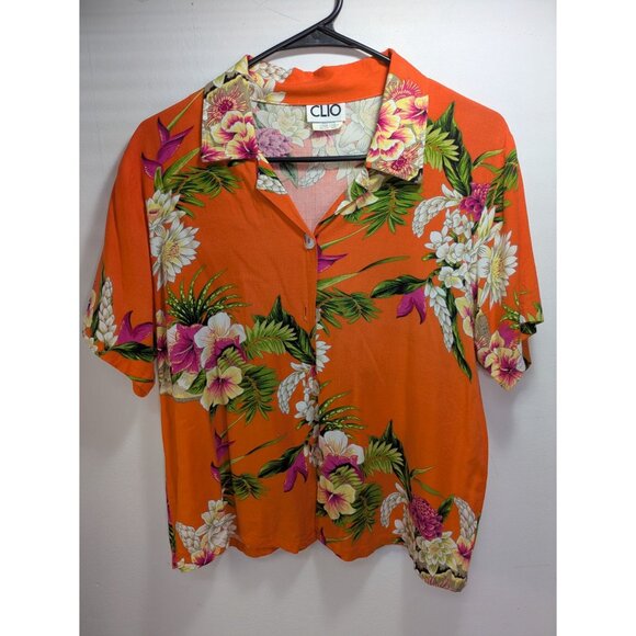 Clio Orange Hawaiian Floral Print Button-Up Shirt Short Sleeves, Size S - Picture 1 of 9